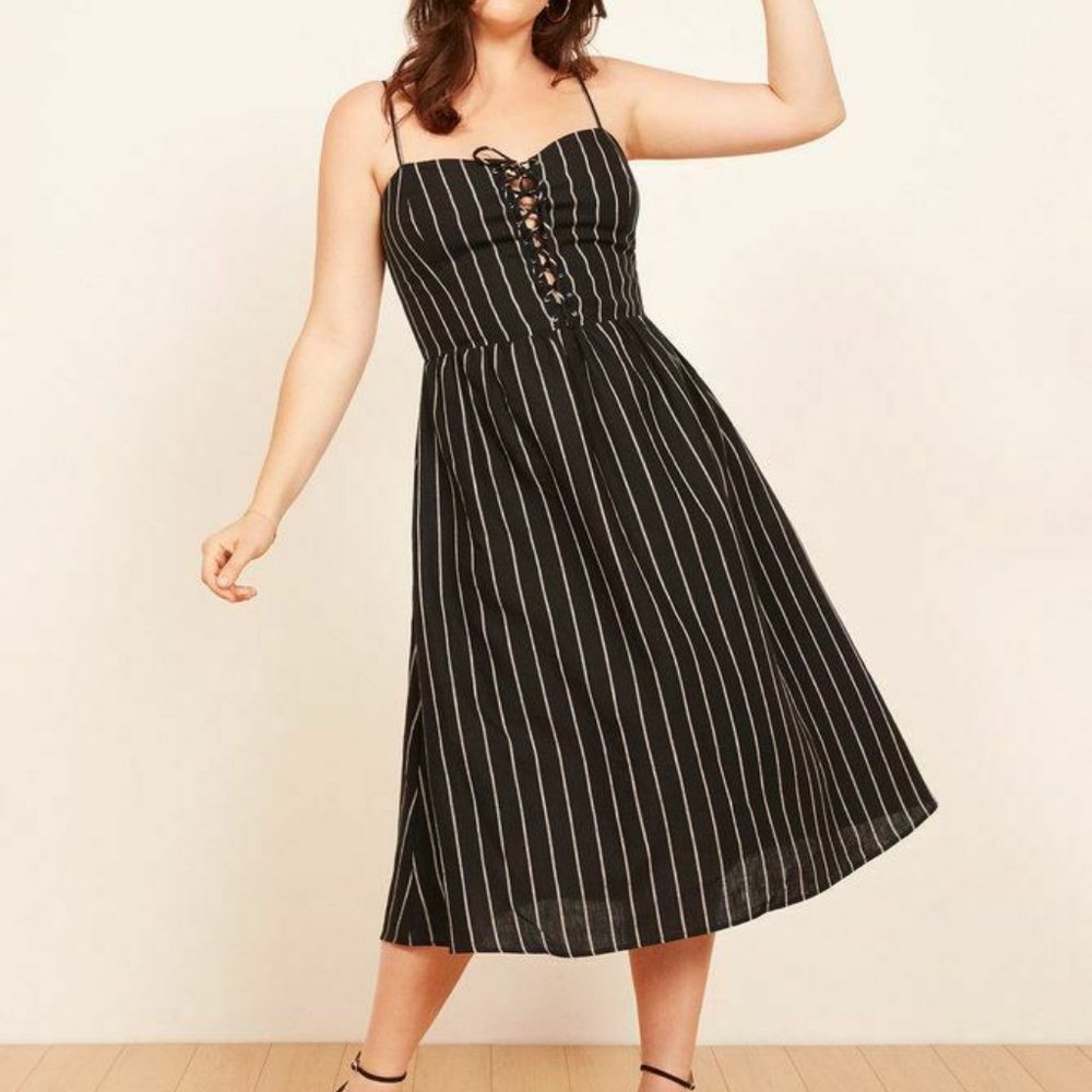 NWT REFORMATION Serena 100% Linen Striped Dress with Pockets - 8 - Black Beige